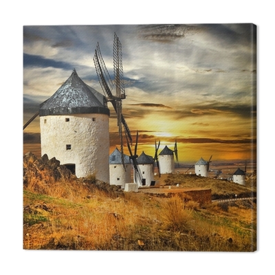 tuval-baskilar-ispanya-consuegra-gunbatimi-yel-degirmenleri