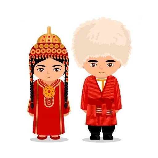 Tajikistan, Turkmenistan, Uzbekistan. Men and women in national dress. Set of asian people wearing ethnic traditional costume. Isolated cartoon characters.