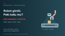 Autonics akıllı sensörler ve IO-Link konusunu anlatan robot, LiDAR ve konveyör kavramsal illüstrasyonu