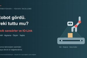 Autonics akıllı sensörler ve IO-Link konusunu anlatan robot, LiDAR ve konveyör kavramsal illüstrasyonu