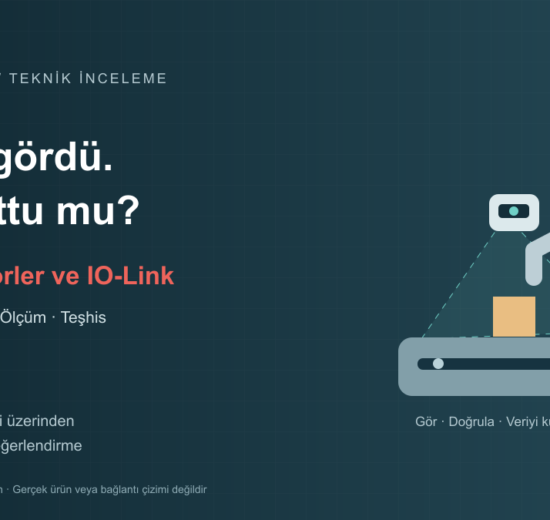 Autonics akıllı sensörler ve IO-Link konusunu anlatan robot, LiDAR ve konveyör kavramsal illüstrasyonu