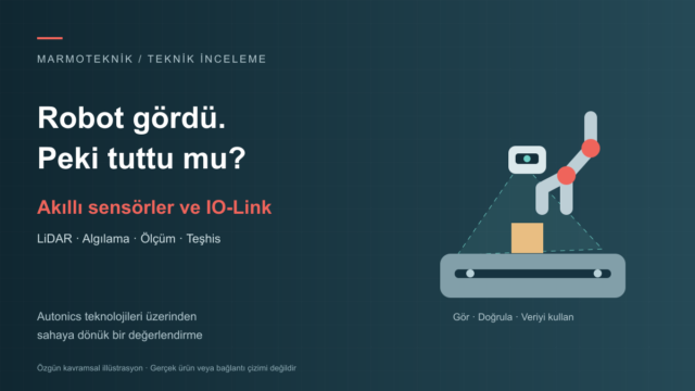 Autonics akıllı sensörler ve IO-Link konusunu anlatan robot, LiDAR ve konveyör kavramsal illüstrasyonu